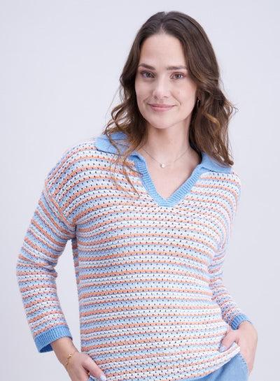 Rayé Ecru, Bleu Ciel Et Corail