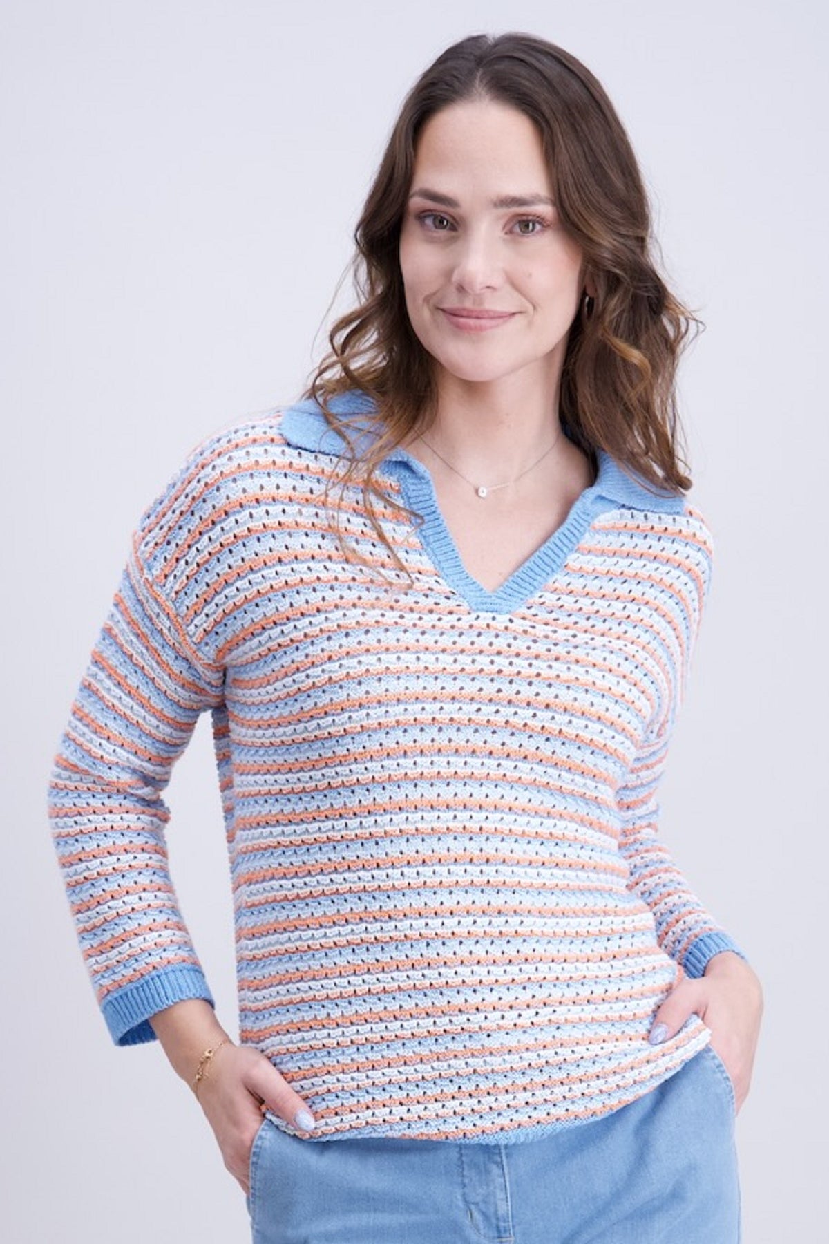 Rayé Ecru, Bleu Ciel Et Corail