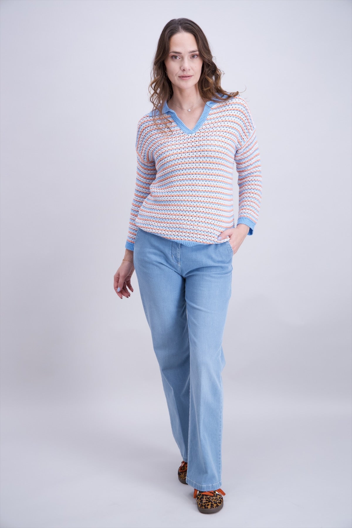 Rayé Ecru, Bleu Ciel Et Corail